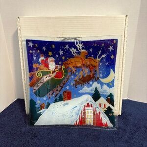 Vtg 12” Square Peggy Karr Fused Glass Christmas Plate Santa Claus Reindeer Vivid